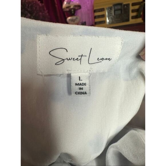 Sweet Lemon Women's Blue White Floral Short Puff Sleeve Babydoll Dress Large - Picture 8 of 8